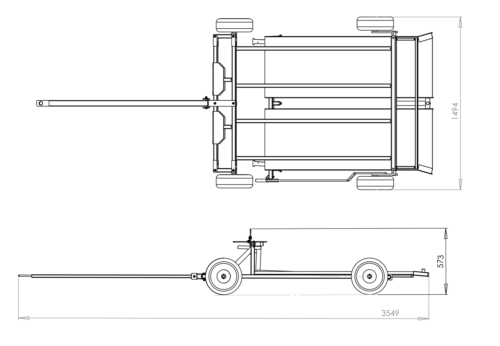 HortiMover general-arrangement drawing — top and side views with dimensions in millimetres